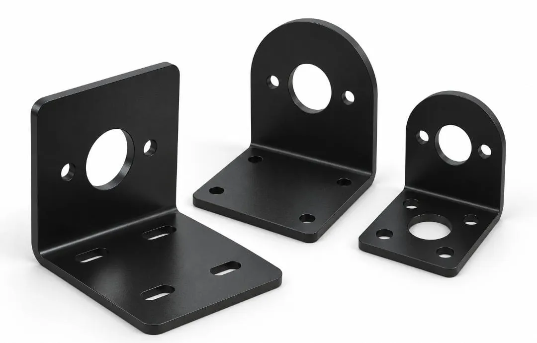 Render of three black L-shaped motor brackets in different sizes, each with a large centre hole, two screw holes and a drilled or slotted base.
