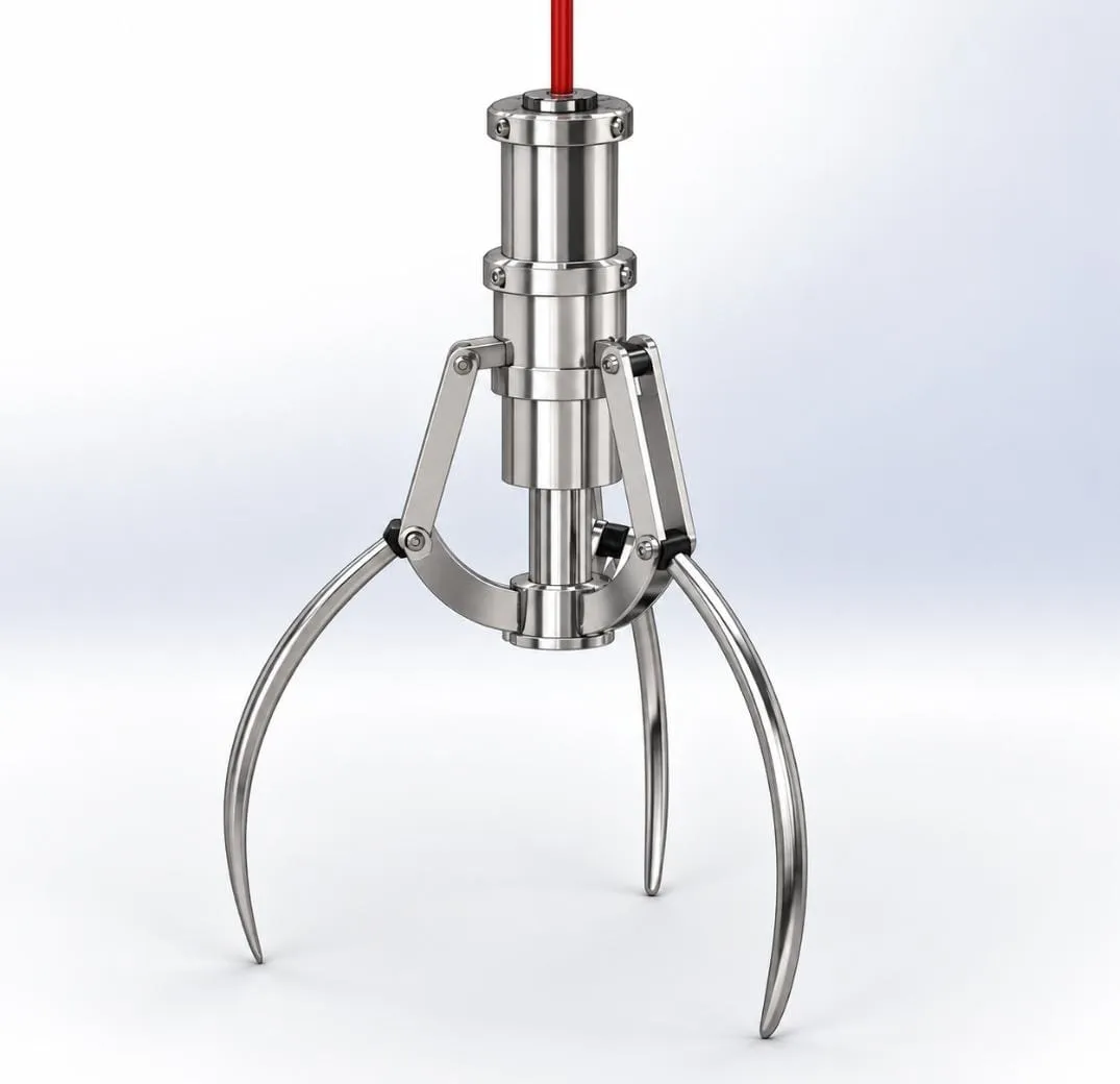 Render of a stainless steel claw gripper with three long curved fingers, pinned linkage arms and a cylindrical body hanging from a red cable.
