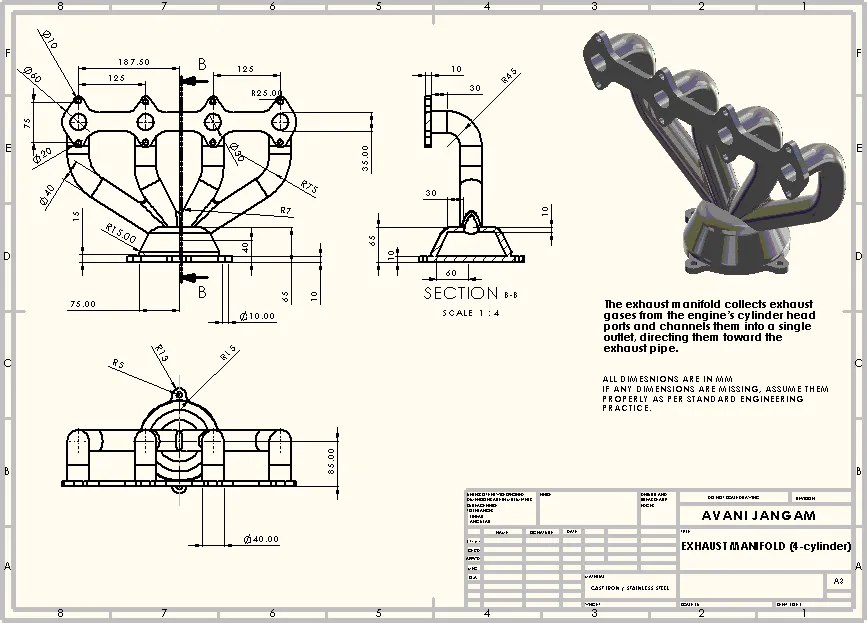 Drawing sheet of the 4-cylinder exhaust manifold: front, side and top views with dimensions, section B-B, an isometric view, notes and Avani Jangam's title block.